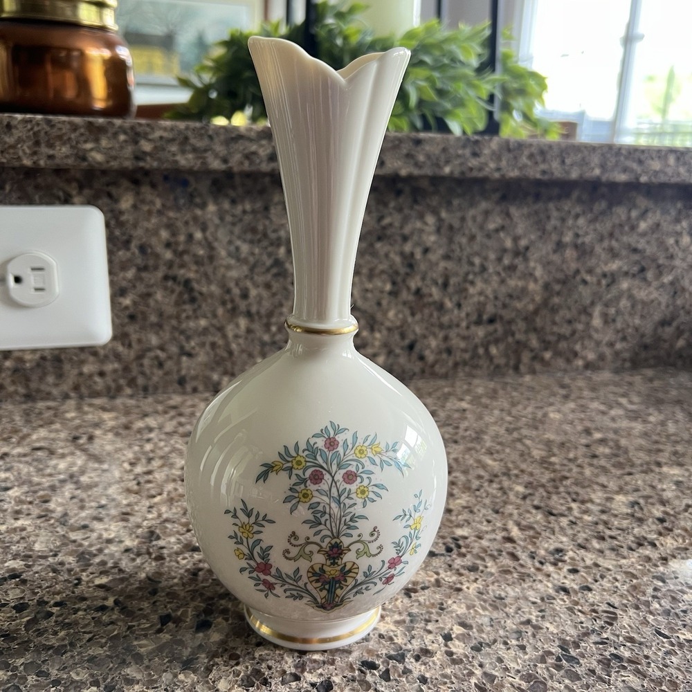 Lenox Bulbous Vintage Blue Tree Bud Vase~Pink & Yellow Flowers~24K Gold Trim
